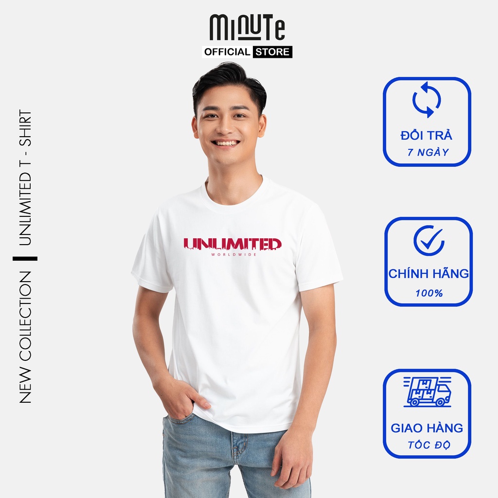 Áo thun nam cổ tròn tay ngắn 100% Cotton co giãn 4 chiều màu trắng MINUTE UNLIMITED