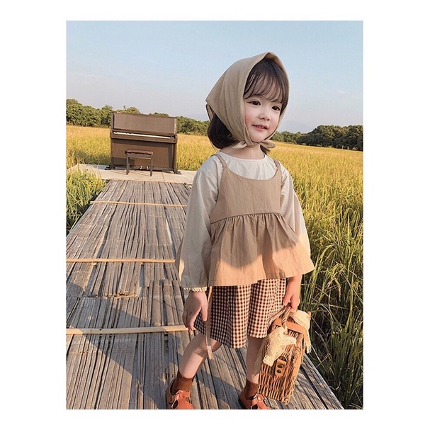 Váy bé gái váy yếm thu đông Vintage họa tiết Caro Quảng châu cho bé từ 9-21kg-V040