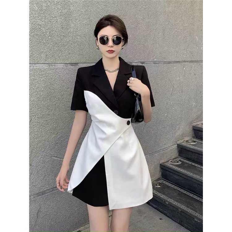 Váy đầm nữ dáng suông cổ sơ mi kiểu vét phối trắng