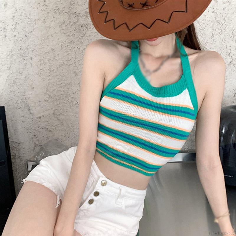 Áo Tank Top Dệt Kim Hở Lưng Họa Tiết Kẻ Sọc Thời Trang Quyến Rũ Cho Nữ