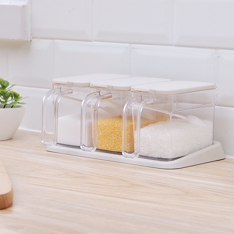 Hộp Hũ đựng gia vị nhựa cao cấp set 3 chiếc kèm muỗng trắng NaChuan