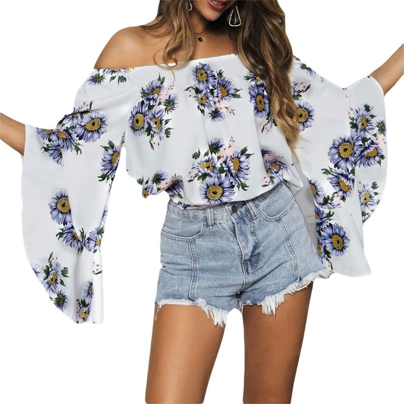 Áo Kiểu Trễ Vai In Họa Tiết Hoa Hướng Dương Thời Trang Mùa Hè 2019 Cho Nữ