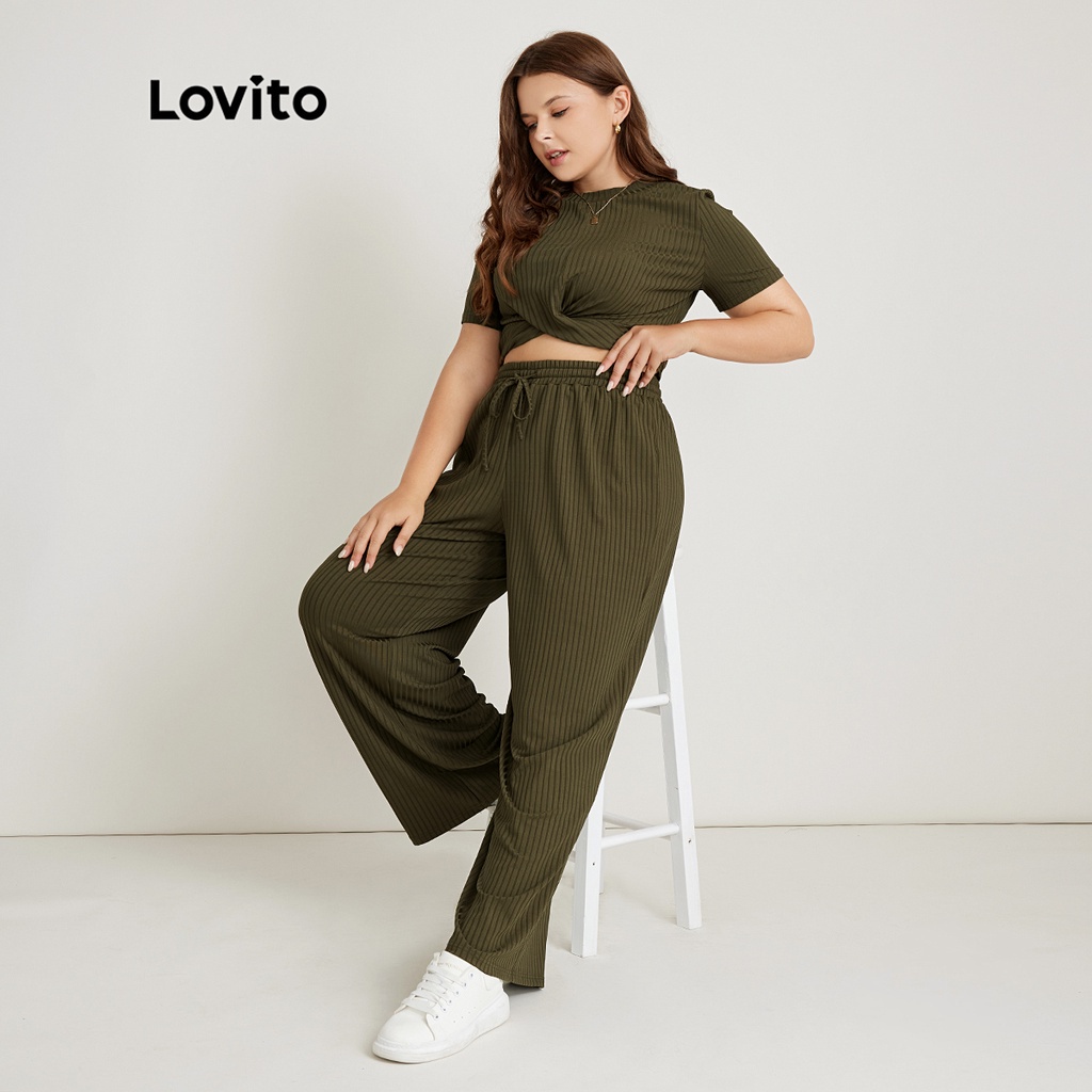 Bộ Lovito bigsize curve Plain Twist Knot Top Wide Legs Bình thường LPS02050 (Xanh quân đội)