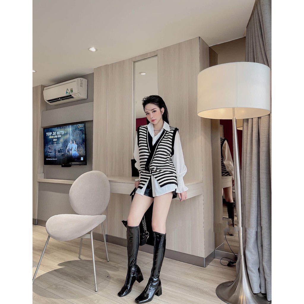 Set gile nữ Quảng Châu 2 món gồm áo sơ mi trắng tay chun và áo len gile cá tính trẻ trung, Áo kiểu nữ thu đông rẻ đẹp