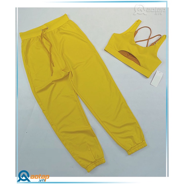 Bộ Quần Áo Tập Dài Bra 2 Lớp Phối Quần Jogger 2 Túi Vàng - Quần Áo Thể Thao Nữ Mẫu Mới