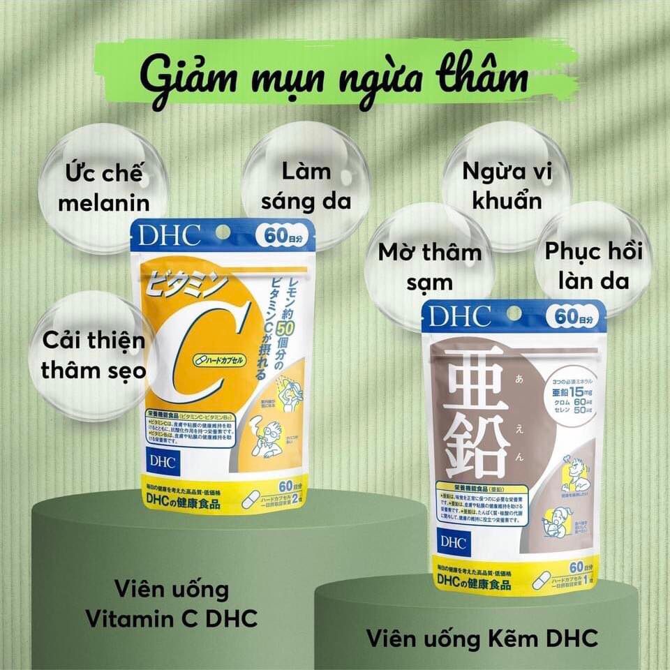 Bộ Đôi Vừa Giảm Mụn Vừa Mờ Thâm DHC Viên Uống Kẽm và Vitamin C (Gói 30 ngày)