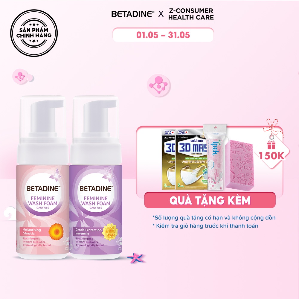 Bộ chăm sóc cá nhân bọt vệ sinh phụ nữ Betadine Foam Daily Use Moisturising Calendula &amp; Gentle Protection Immortelle