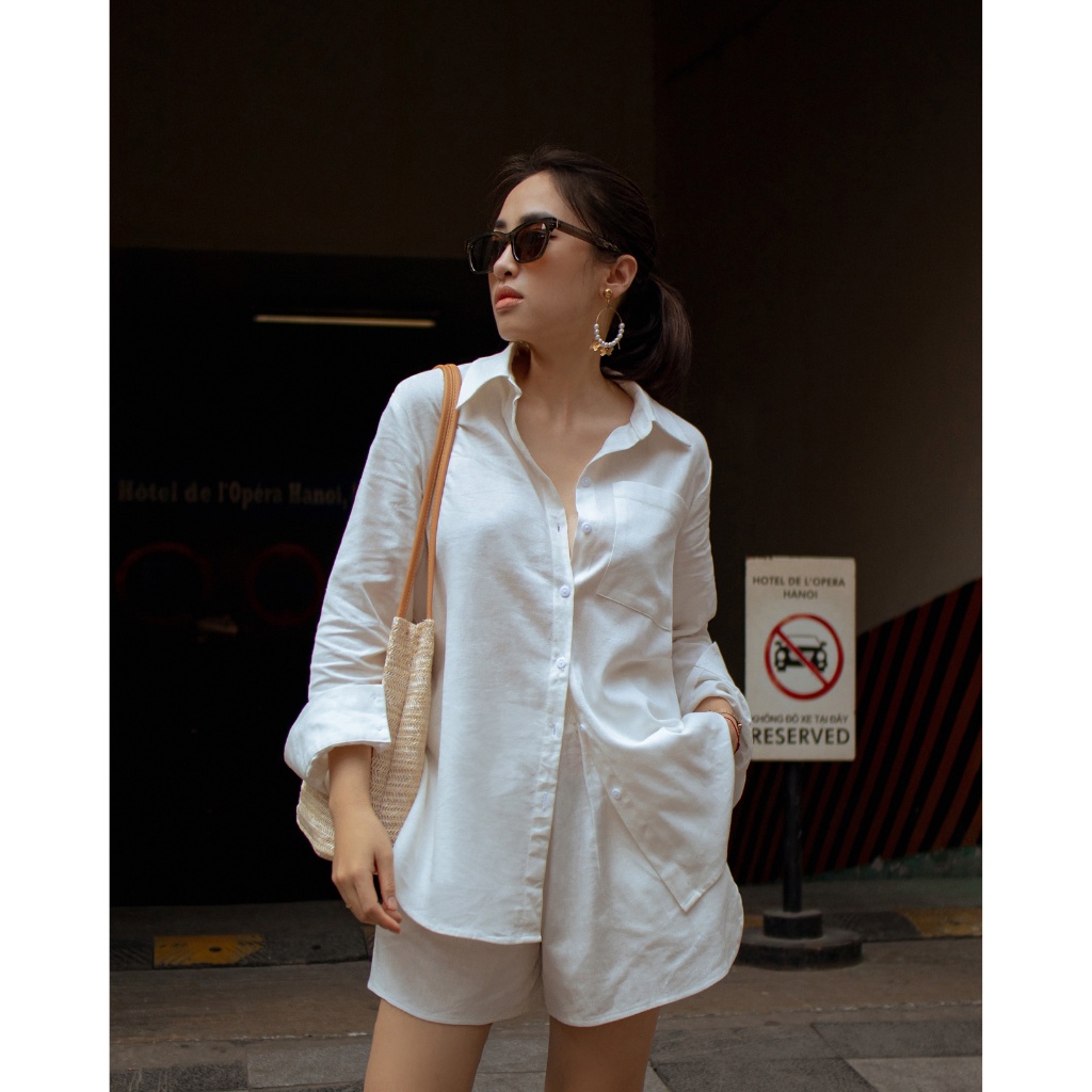 Set bộ linen cao cấp phom rộng, Áo Sơ Mi dài tay hạ vai oversize, quần short cạp chun co giãn MACS SUMER SET