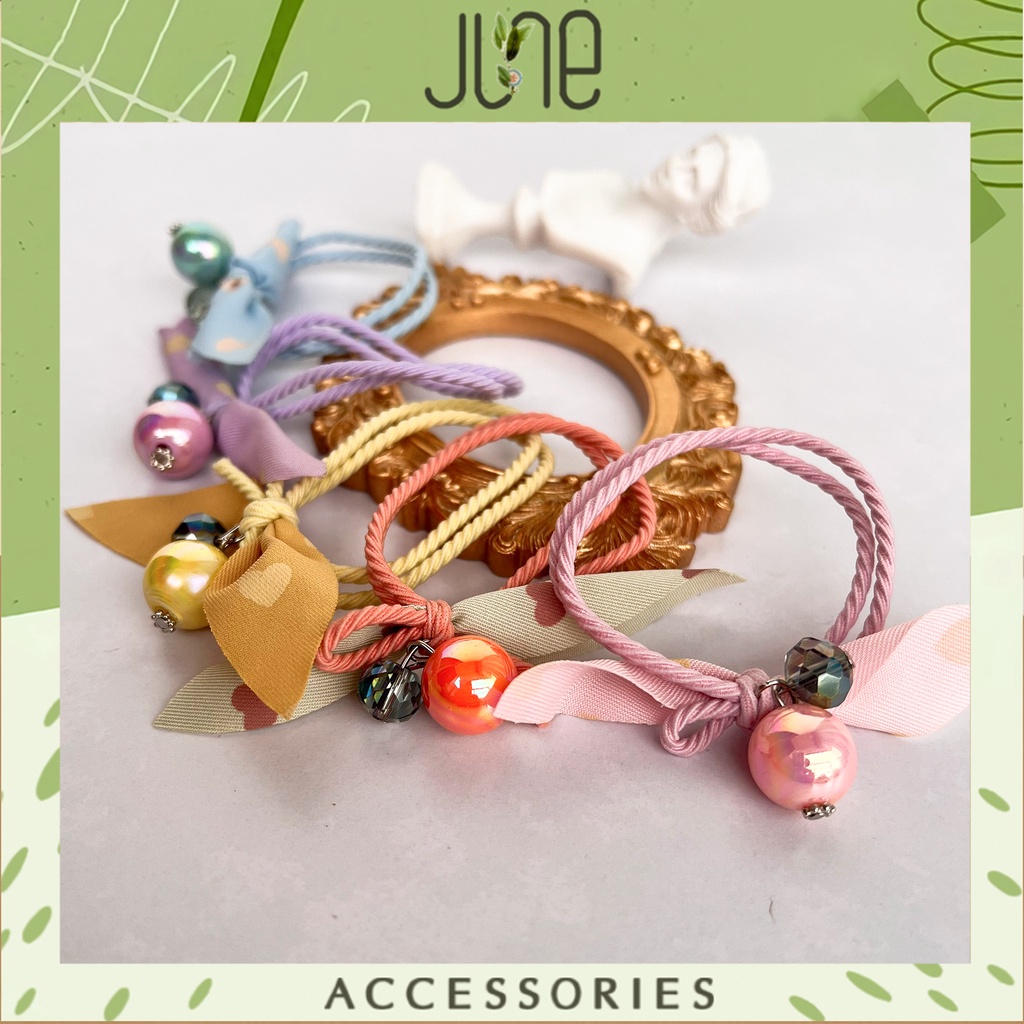 Chun buộc tóc thắt nơ trái tim đính đá dây buộc tóc nhiều màu dễ thương co giãn tốt June Accessories