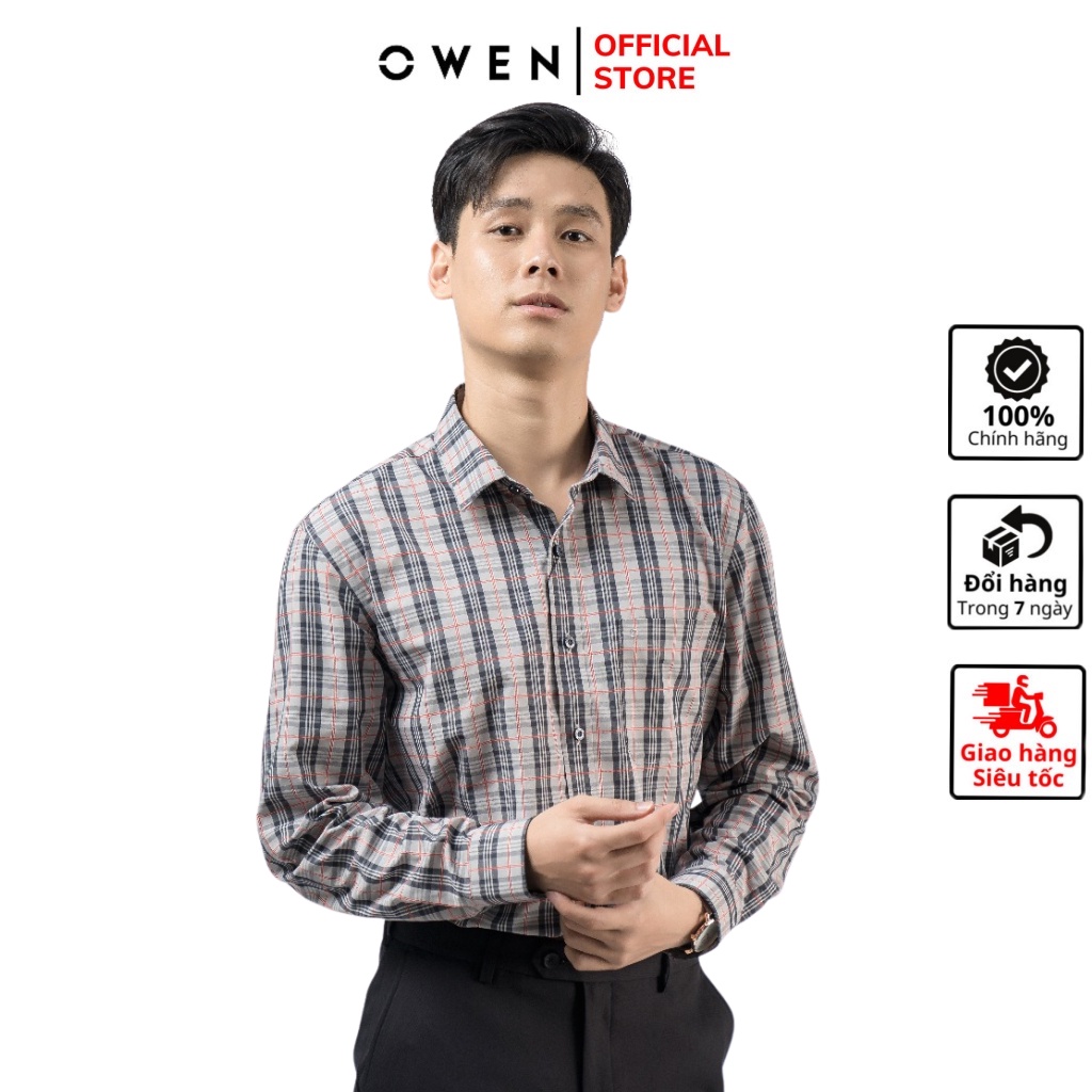 Áo sơ mi nam dài tay OWEN AR220151DT somi công sở vải sợi tre cao cấp màu kẻ caro đen ghi đỏ dáng suông tà lượn có túi