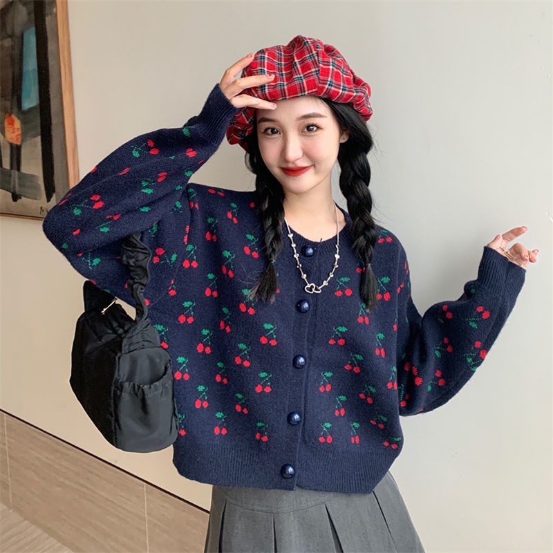 Áo Khoác cardigan Cổ Tròn Dáng Rộng In Hình Quả cherry Thời Trang Mùa Thu Theo Phong Cách Hàn