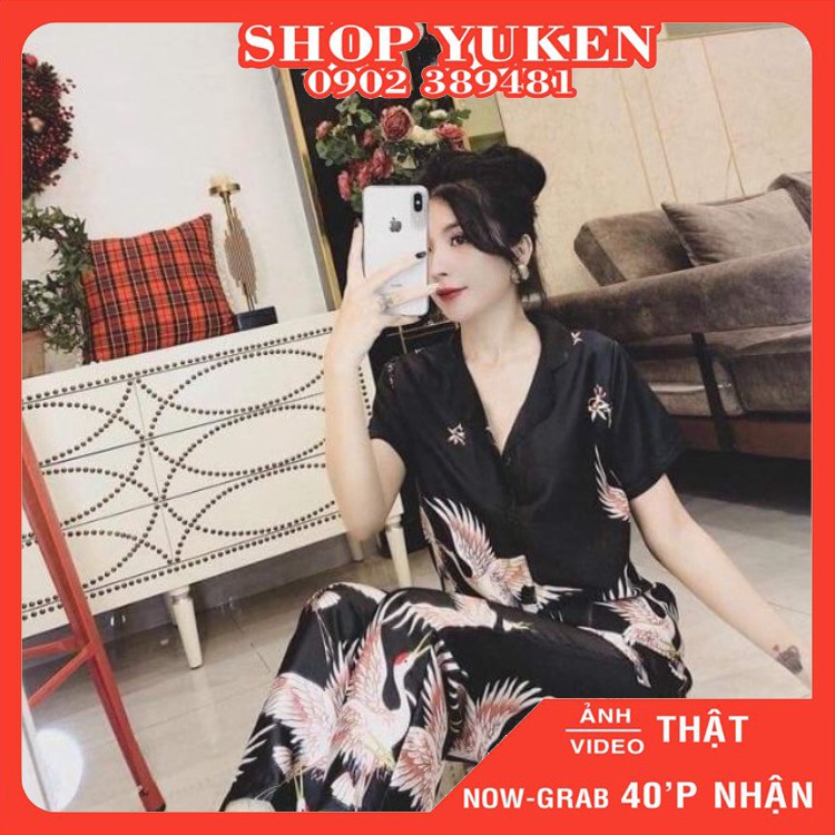 Bộ Pijama Lụa Tay Ngắn Quần Dài Hình Hạc, đồ bộ lụa