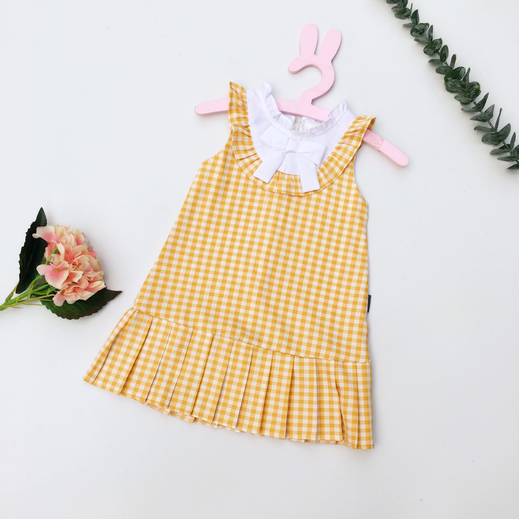 Đầm Cotton Caro Cổ Bèo Đính Nơ kiểu Tiểu Thư Bé Gái BabyBean