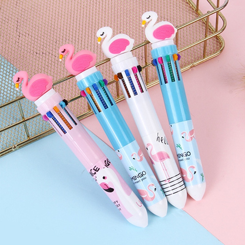 Bút Bi 10 Màu Sắc Họa Tiết Hồng Hạc Dễ Thương Đa Năng