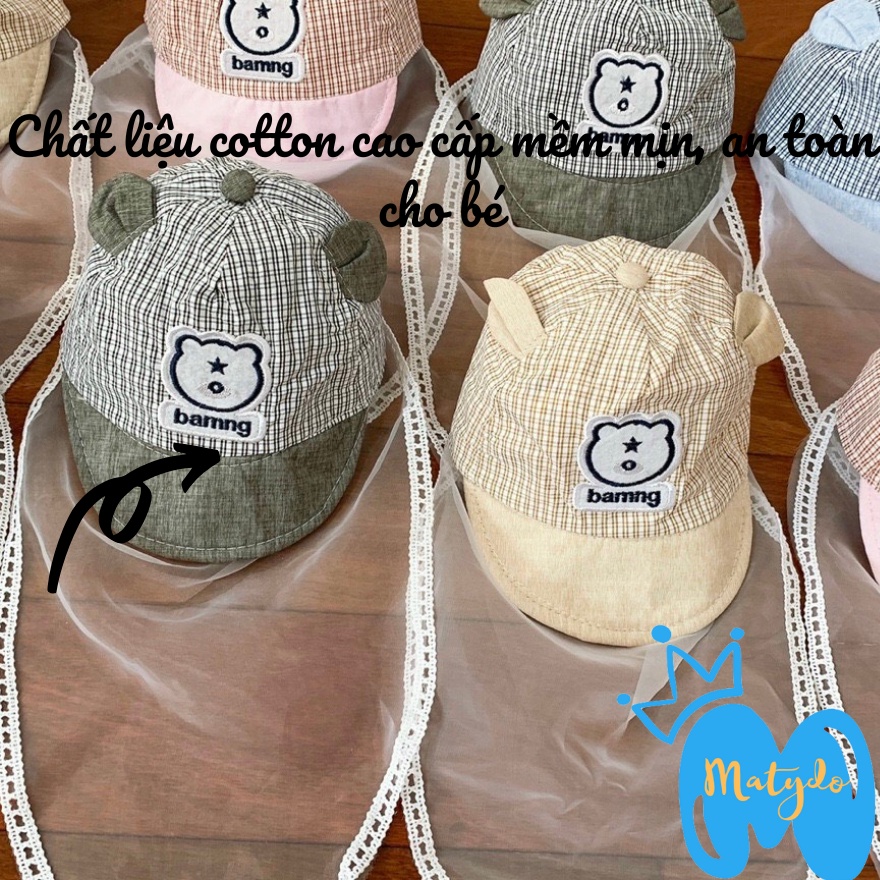 Mũ cho bé sơ sinh đẹp có khăn voan che mặt nón chống dịch chống bụi cho trẻ đi tiêm phòng an toàn gấu kẻ 0-6 tháng