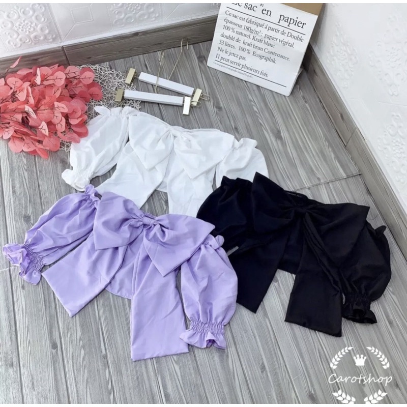 Áo croptop nữ tay dài trễ vai ôm tay phồng nơ xinh giá rẻ cao cấp VANISA CT30