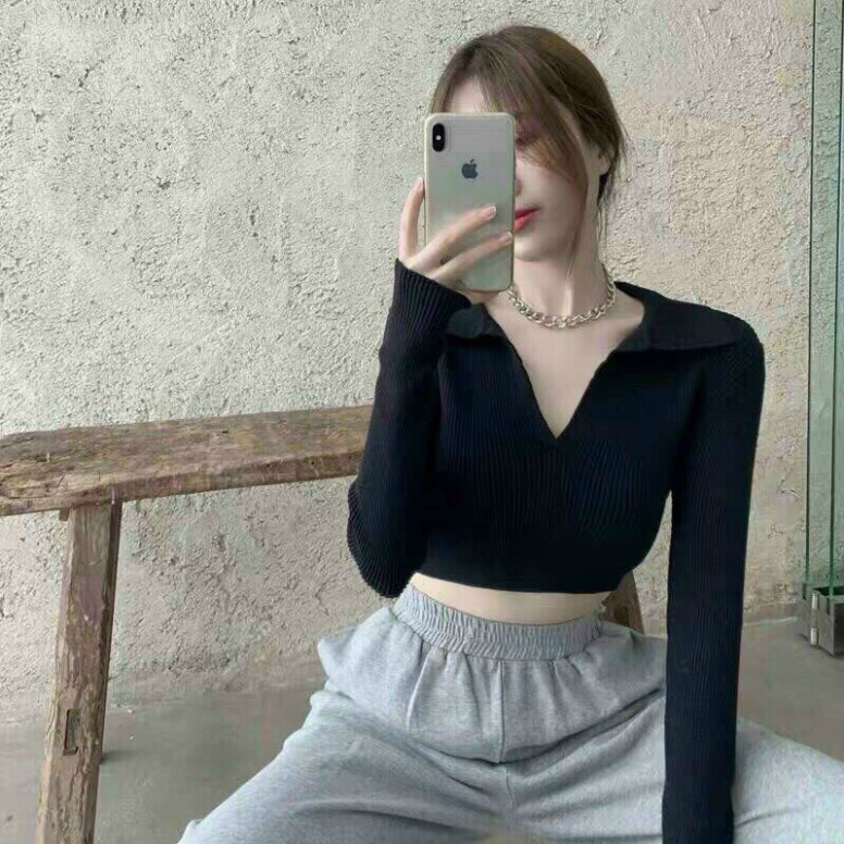 Áo Croptop Cổ V Tay Dài CT27 Chất Thun Gân Co Giản, Hàng Chuẩn Đẹp kiểu dáng Ulzzang