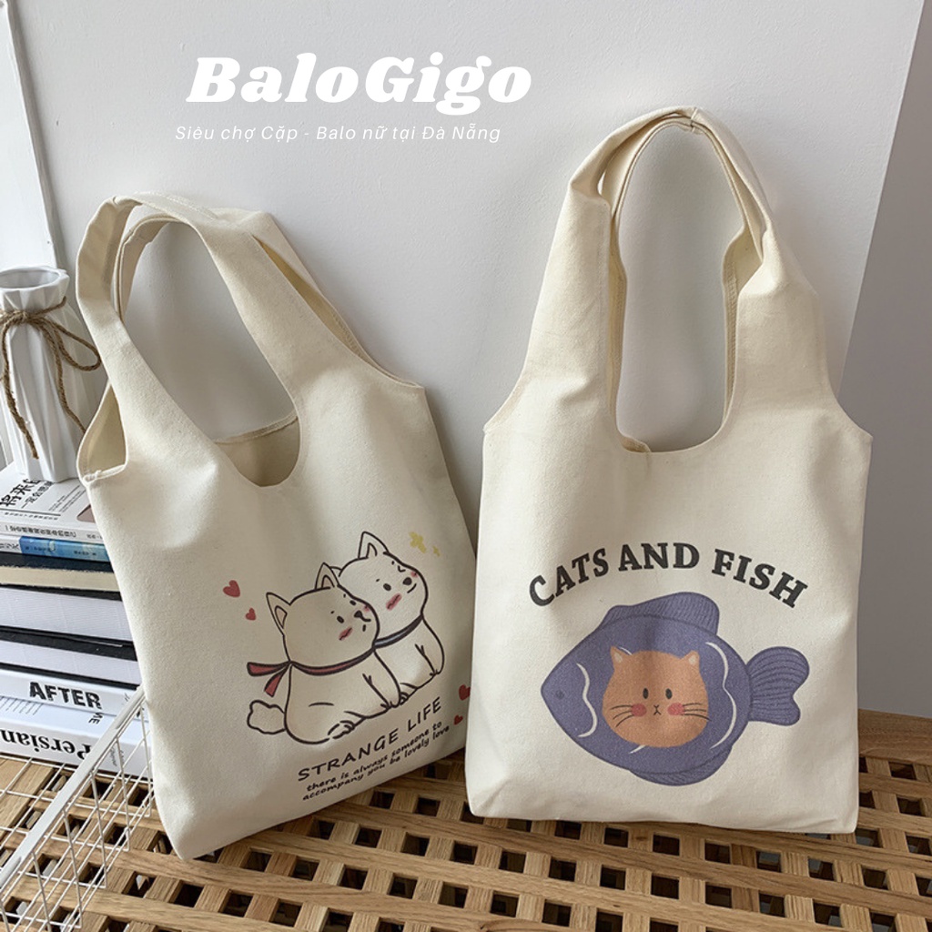 Túi Tote vải canvas có ngăn nhỏ bên trong 2 chú cún  TT80 - BaloGigo