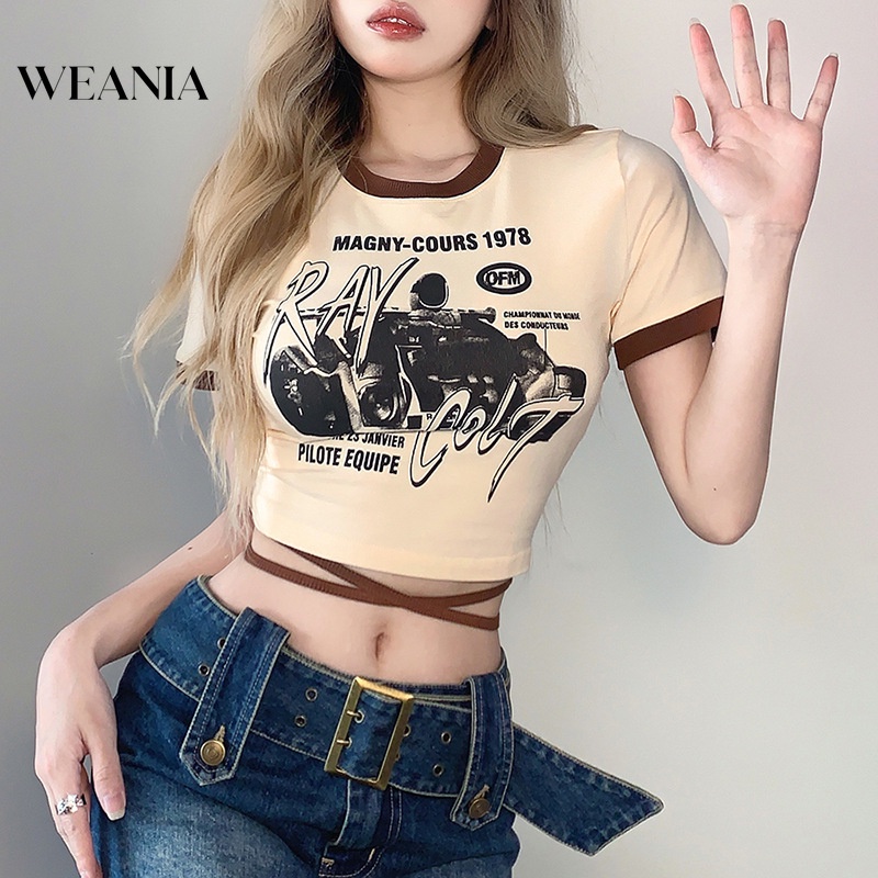 Áo Thun Crop Top Cột Dây Ngắn Tay In Họa Tiết Thời Trang Cho Nữ