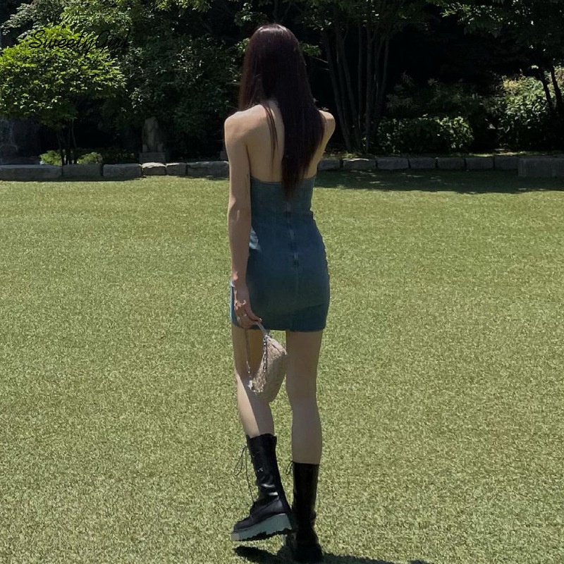 Đầm Denim Cổ Chữ V Hở Lưng Có Khóa Kéo Phía Sau Dành Cho Nữ 2022