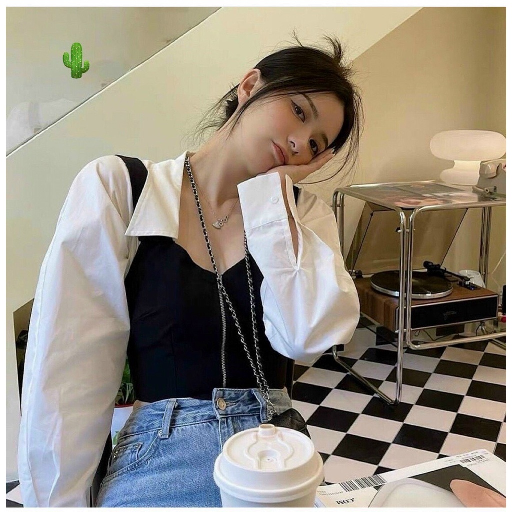 Áo sơ mi phối kiểu 2 màu đen trắng zip kéo đồng cực xinh , chất kate mềm mịn
