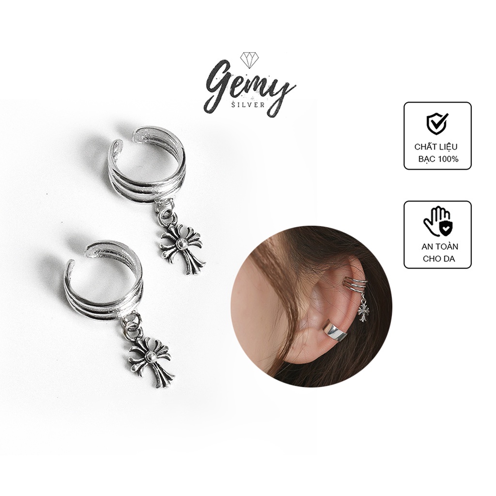 Khuyên tai nam không cần bấm lỗ kẹp vành nữ chất liệu bạc unisex hình chữ thập thánh giá  K111(1 chiếc)| GEMY SILVER