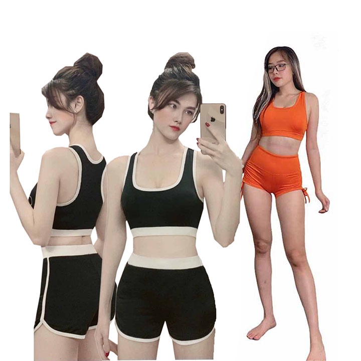CÓ SẴN  Set Bộ Đồ Tập Gym Dây Rút Và Phối Viền Gồm Áo Bra Quần Đùi Dây Rút Co Giãn Tốt Tôn Dáng Cho Nữ