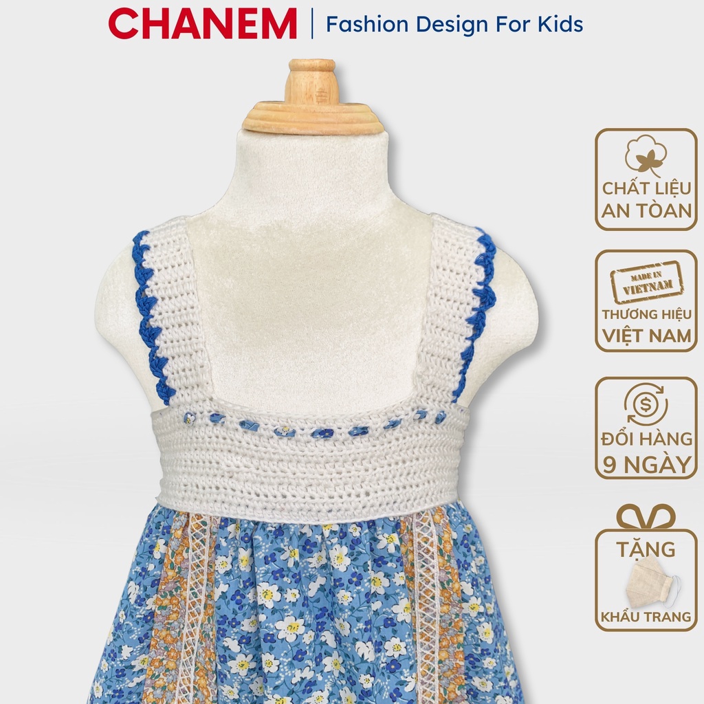 Váy hai dây đan móc sợi cotton hè thủ công phối vải hoa nhí mix ren, Đầm thiết kế cho bé gái từ 1 -10 tuổi CHANEM