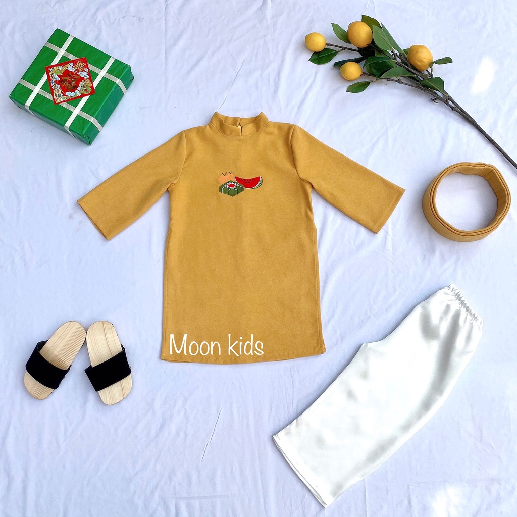 Áo Dài Tết Cho Bé Trai Chất Liệu Nhung Thêu Hình Dễ Thương