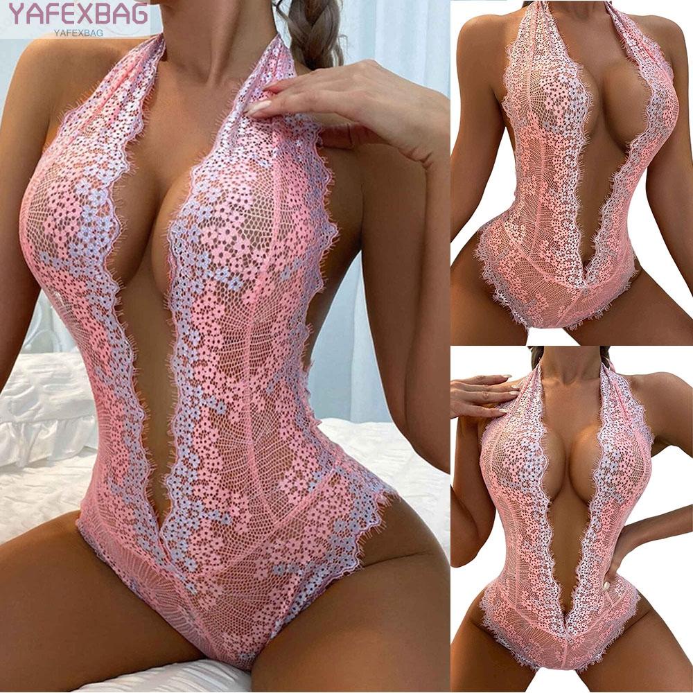 Womens Bodysuit Halter Hollow Out Ladies Leotard Lingerie Pink Sleepwear