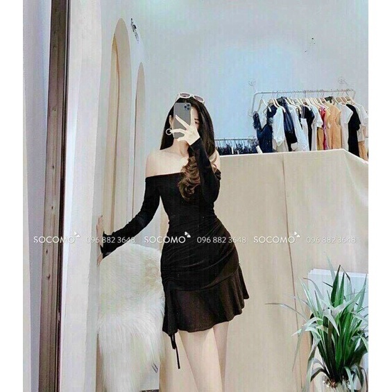 Đầm thun trễ vai ôm eo tôn dáng, đầm thun đơn giản không họa tiết cổ áo trễ vai