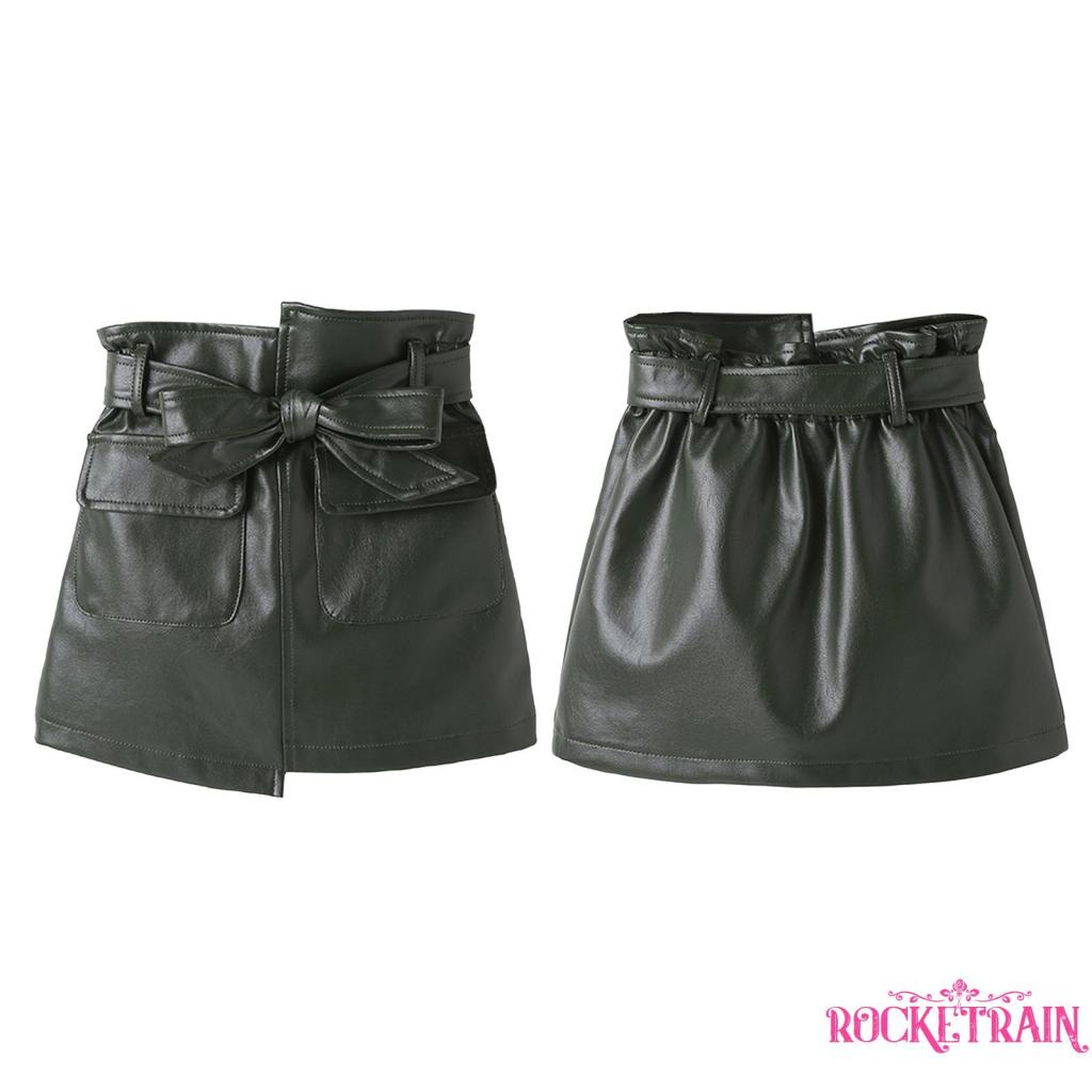 ♔Bty♔Chân váy Midi chữ A lưng cao màu trơn có túi và thắt lưng mùa thu đông cho trẻ em