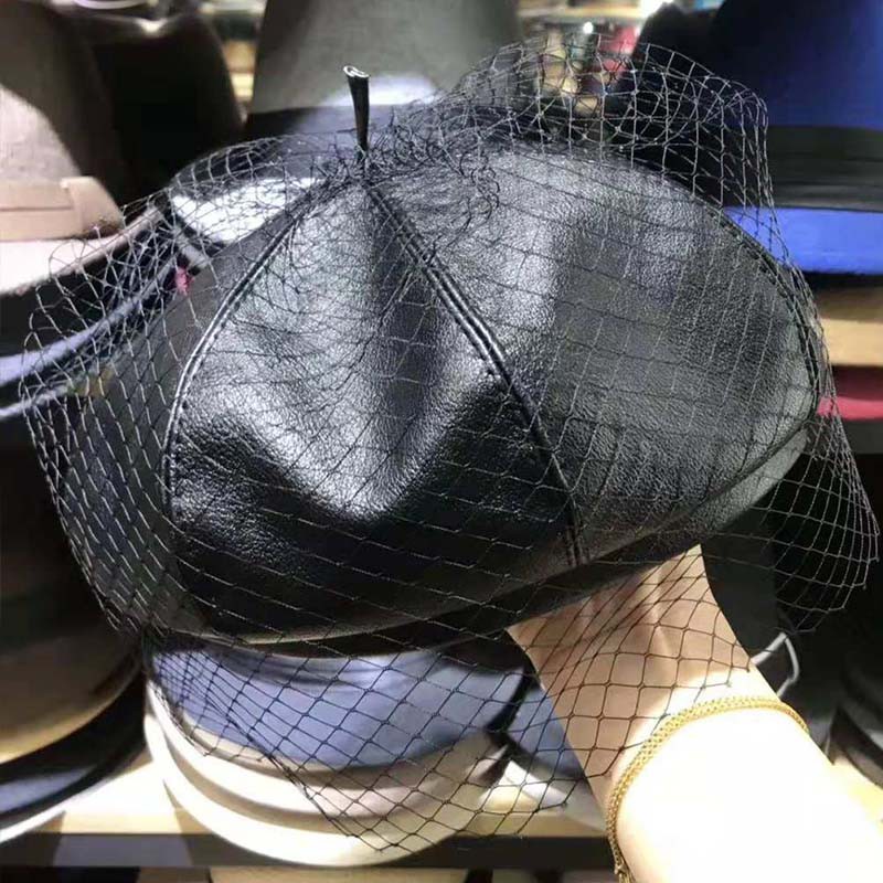 Mũ beret da phối lưới thời trang nữ cá tính