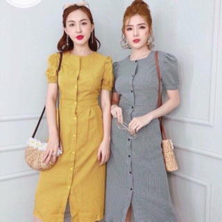 Váy vintage tay bồng cài khuy