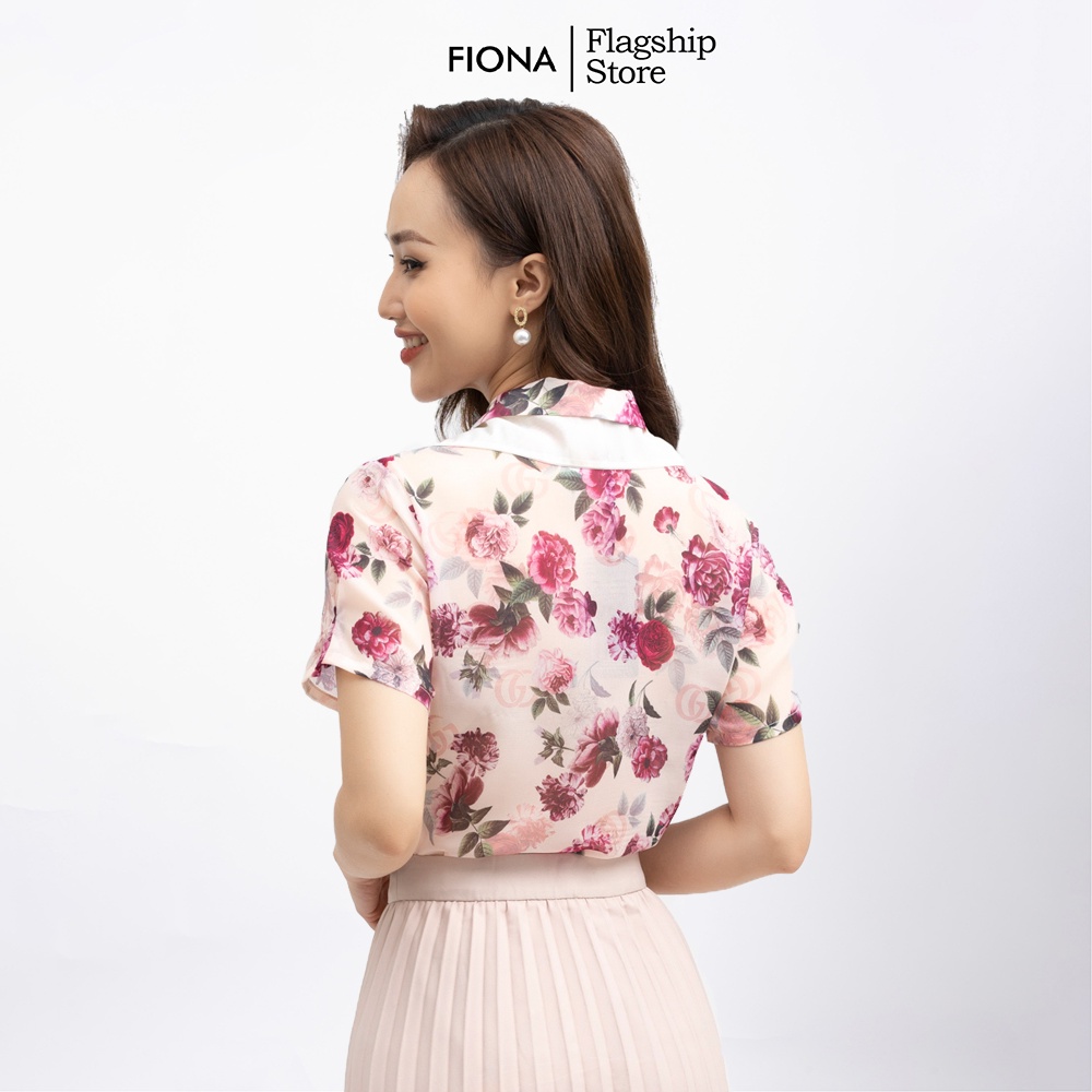 Áo sơ mi nữ công sở thiết kế họa tiết hoa hồng cổ phối màu buộc nơ FIONA F552215