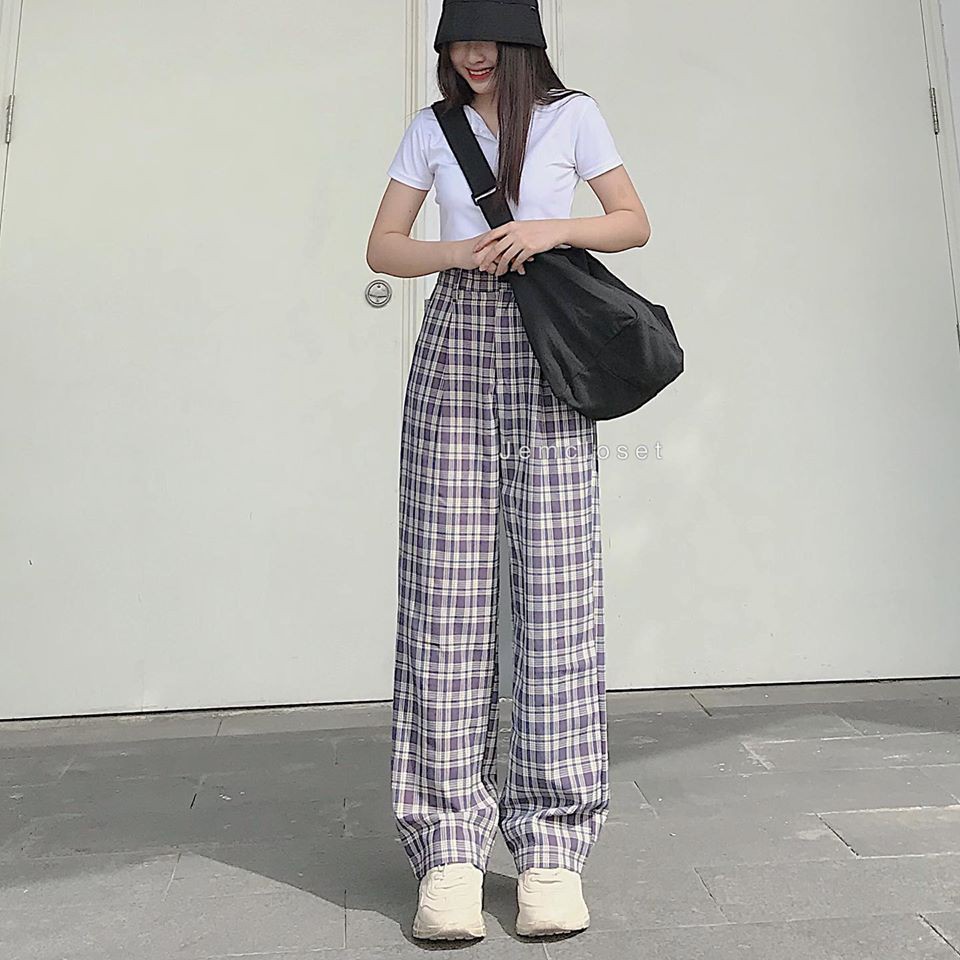 Quần Caro Nữ Form Suông Chất Liệu Tuyết Mưa Loại 1 Quần Ống Rộng Lưng Cao Thiết Kế Basic Lên Dáng Cực Đẹp EBE 2359