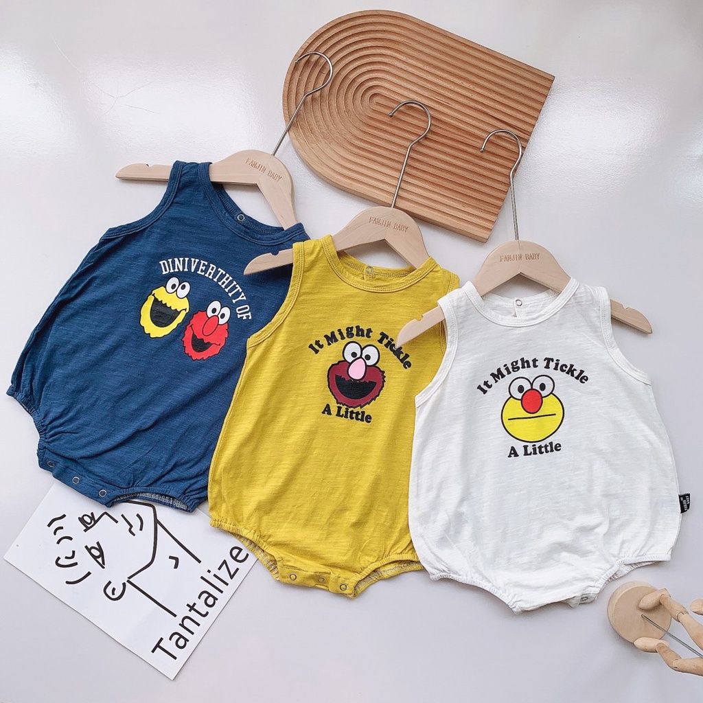 Bộ Áo Liền Quần Tam Giác Không Tay Bằng Cotton In Hoạt Hình Dành Cho Bé Trai Gái 0-24 Tháng Tuổi