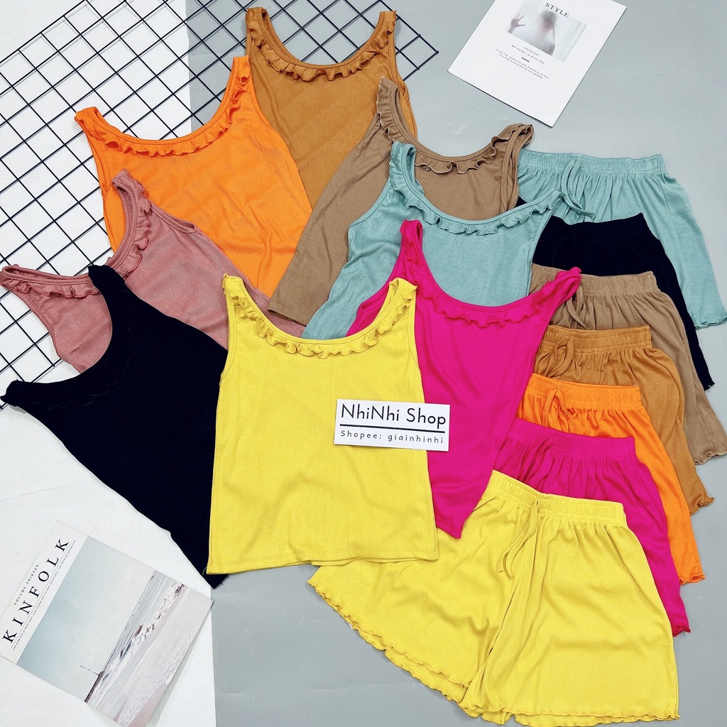 Xả hàng - Bộ ngủ hai dây viền bèo thun tăm, Sét đồ ngủ sexxy co giãn BN0085 - NhiNhi Shop