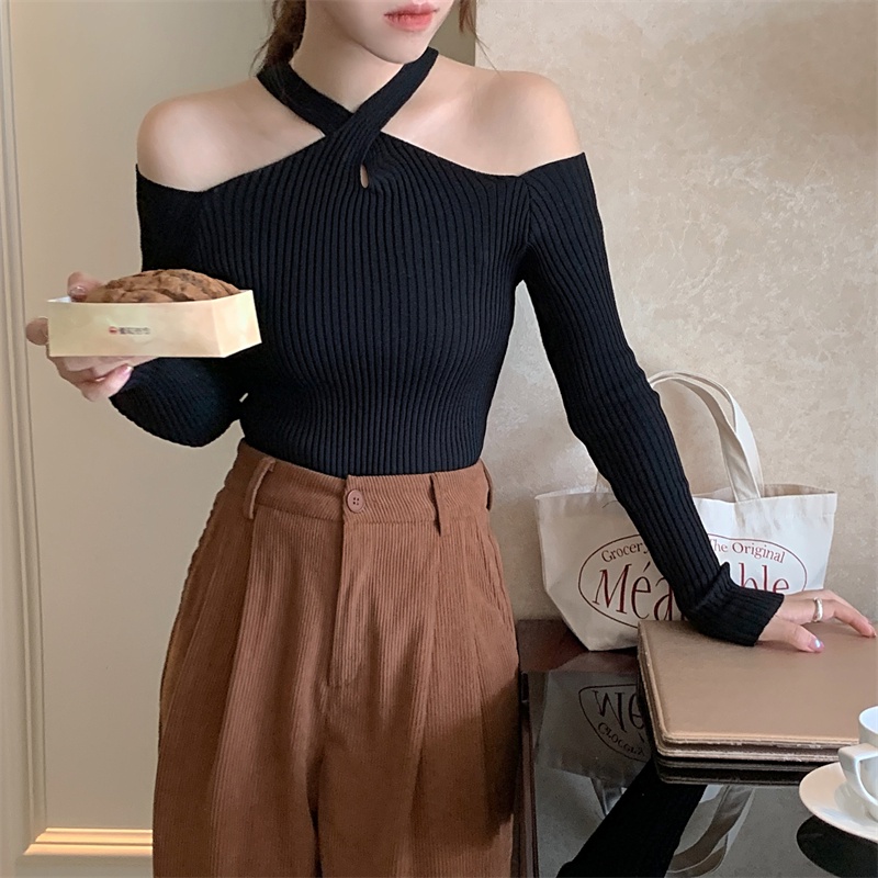 SUXI Áo Dệt Kim Trễ Vai Tay Dài Màu Sắc Thanh Lịch