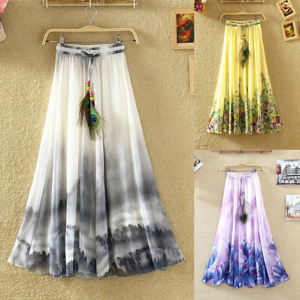 ♥Yên Xe Đạp Địa Hình♥Chân Váy Maxi Chất Chiffon Hoạ Tiết Hoa Phong Cách Bohomian