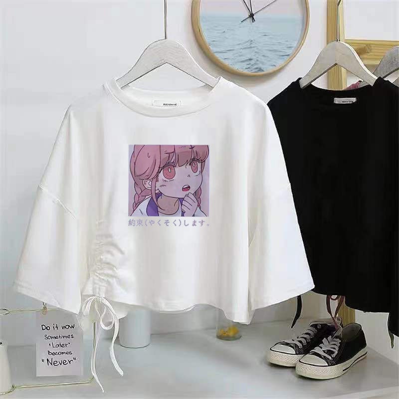 Áo Thun Tay Ngắn Dáng Rộng Phối Dây Rút Phong Cách Hàn Quốc Thời Trang Mùa Hè Cá Tính