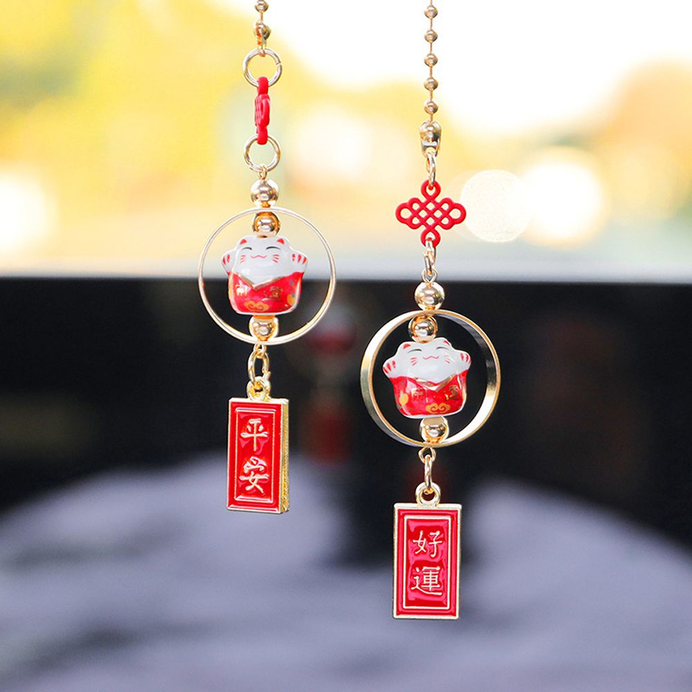 Phụ kiện móc khóa treo trang trí xe hơi hình mèo may mắn dễ thương