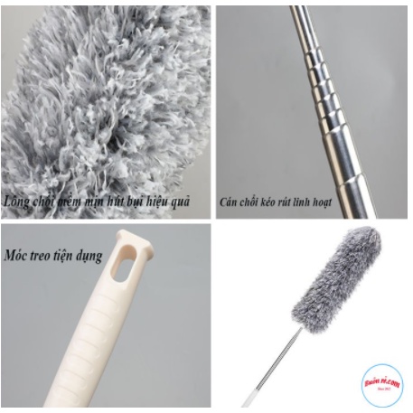 Chổi Quét Trần Bằng Sợi Vải Siêu Nhỏ Inox Cán Dài Cao Cấp Đầu Chổi Xoay Linh Hoạt
