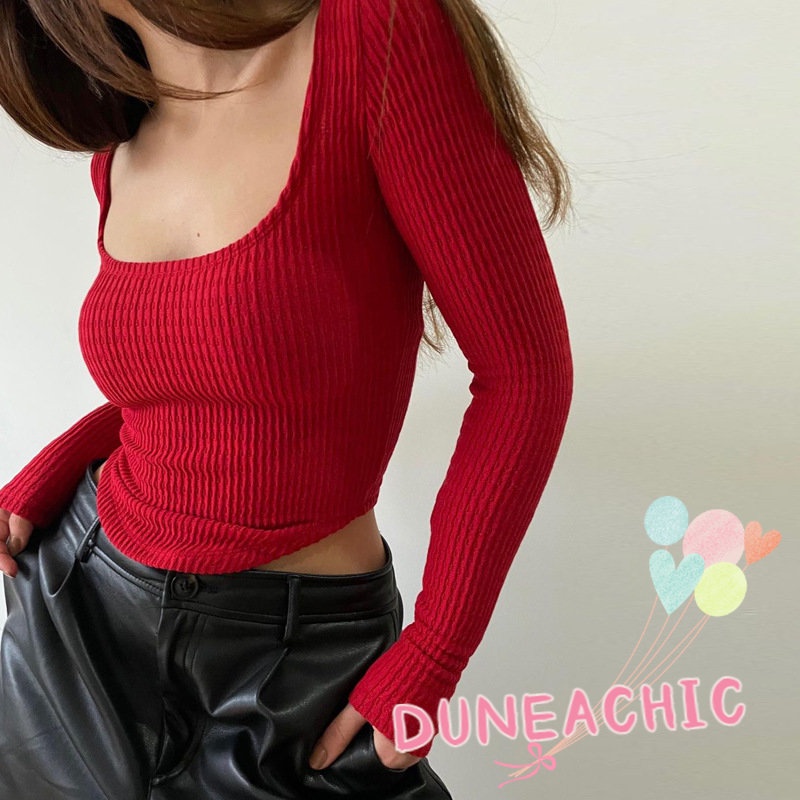 DUNEA Áo Thun Dài Tay Cổ Vuông Màu Trơn Thời Trang Dành Cho Nữ