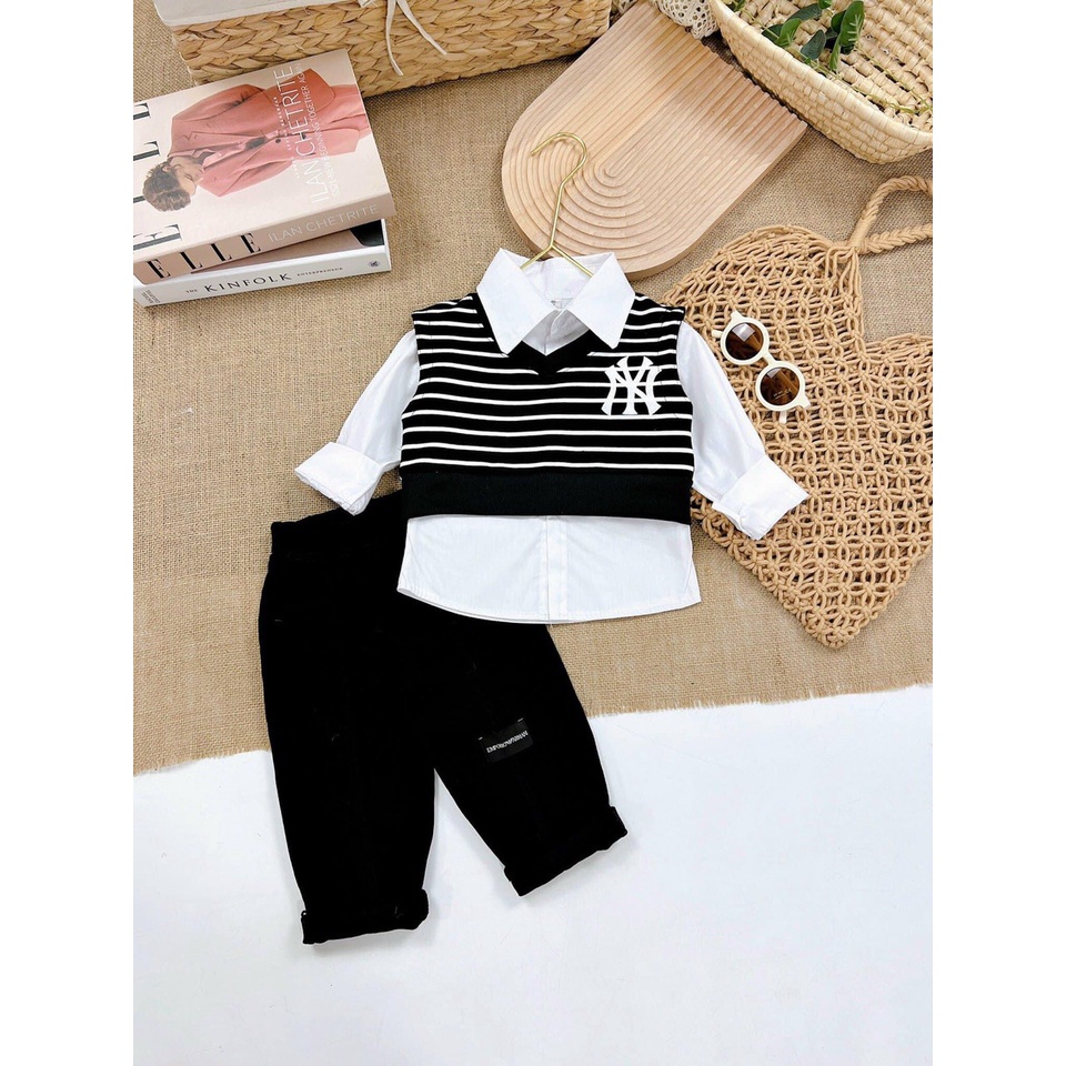Sét áo ghi lê kẻ áo sơ mi và quần kaki mềm cho bé