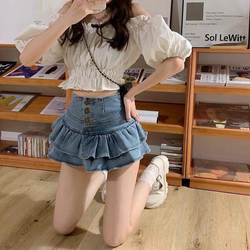 Chân Váy Jean Đuôi Cá Xòe Chữ A Có Quần Bảo Hộ  Chân Váy Xòe Dáng Ngắn Phong Cách Hàn Quốc YUMI BÁN SỈ
