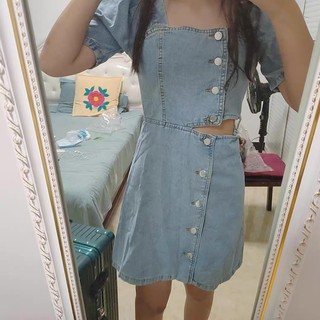 [hàng Quảng Châu] Váy Denim Xẻ Eo Cổ Vuông Phối Hàng Nút Phong Cách Retro Cho Nữ siêu hot