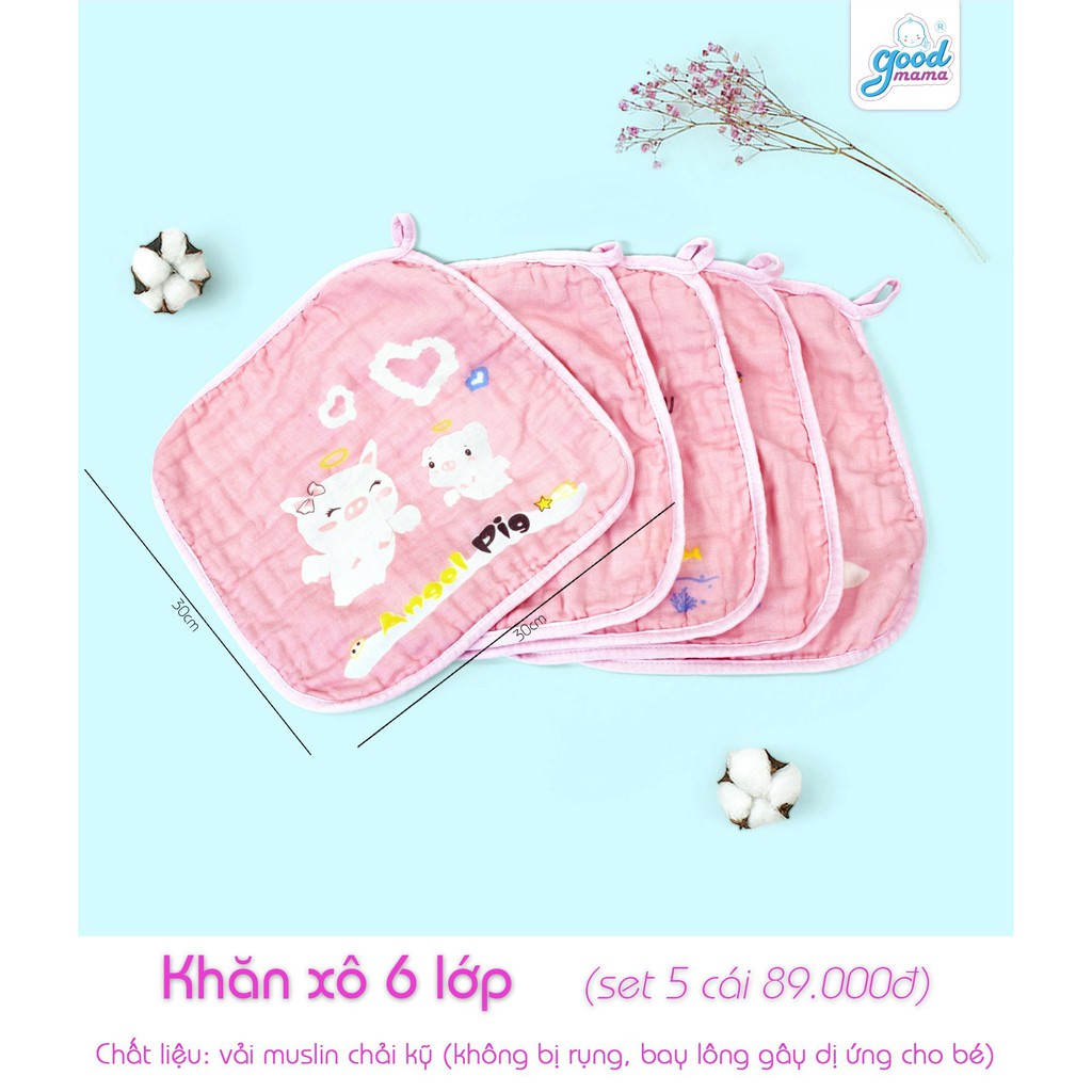 Khăn sữa cho bé 6 lớp chính hãng Goodmama, vải mềm mại, thấm tốt, set 5 cái