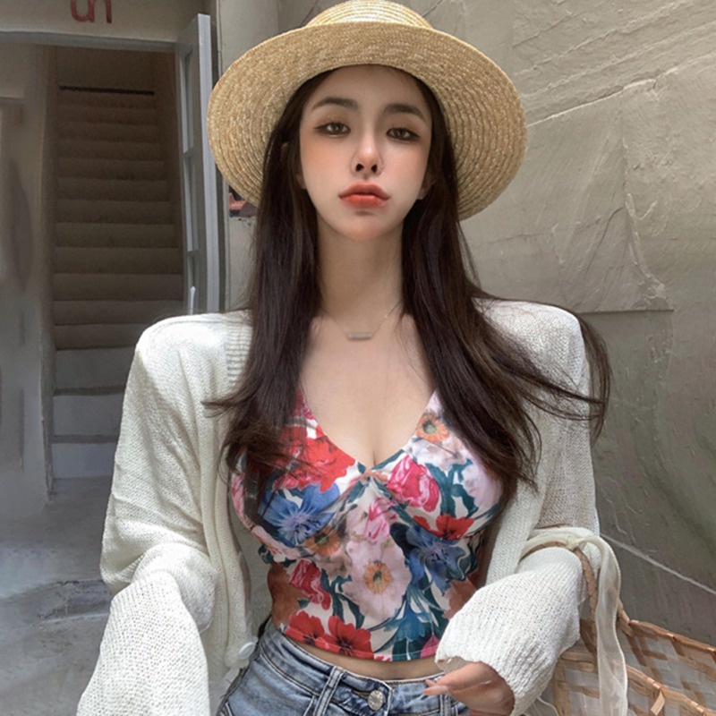 Áo Hai Dây Cổ Chữ V In Họa Tiết Hoa Phong Cách Hàn Quốc Thời Trang Cho Nữ