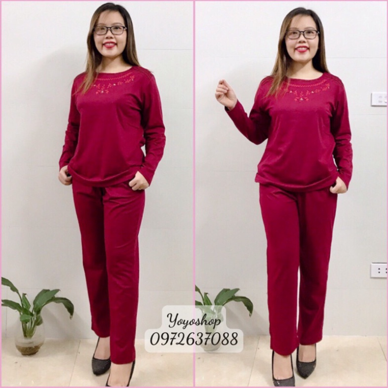 Bộ Dài Tay Thu Đông Chất Cotton Trung Niên- Bộ Mặc Nhà Thu Đông cho Mẹ cho Bà thêu hoa dây chuyền